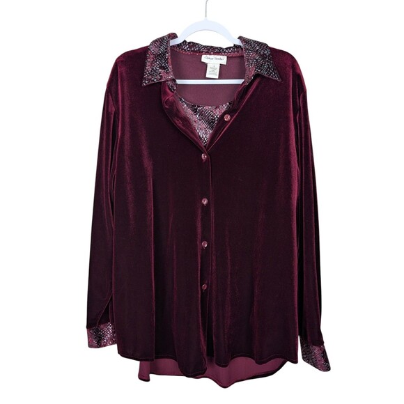 Vintage Susan Graver Shirt Set 1X Dark Red Velvet Blouse & Tank Top NWT - Picture 4 of 16
